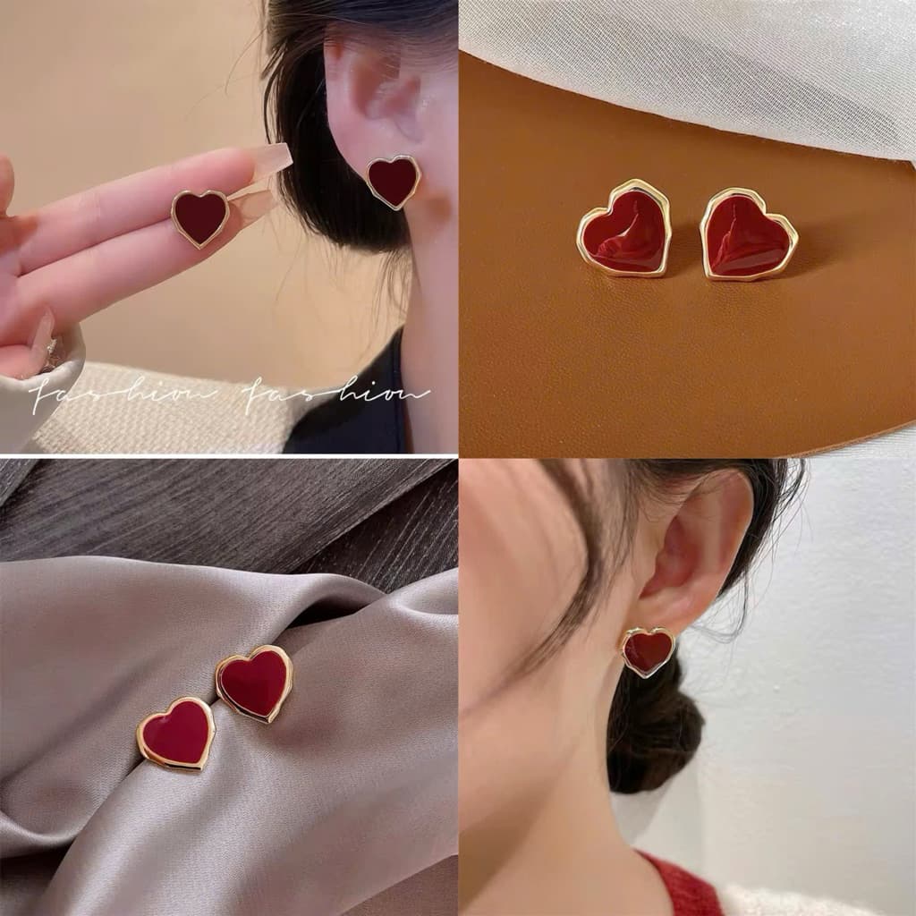 Bông Tai Trái Tim, Tiểu Thư, Nữ Tính, Đỏ ruby viền vàng ❤️