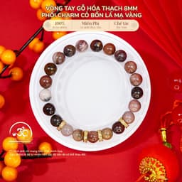 Ngọc Đan Tâm - Vòng Tay Gỗ Hóa Thạch 8mm Phối Charm Cỏ Bốn Lá Mạ Vàng - Mệnh Hoả & Mệnh Thổ 1