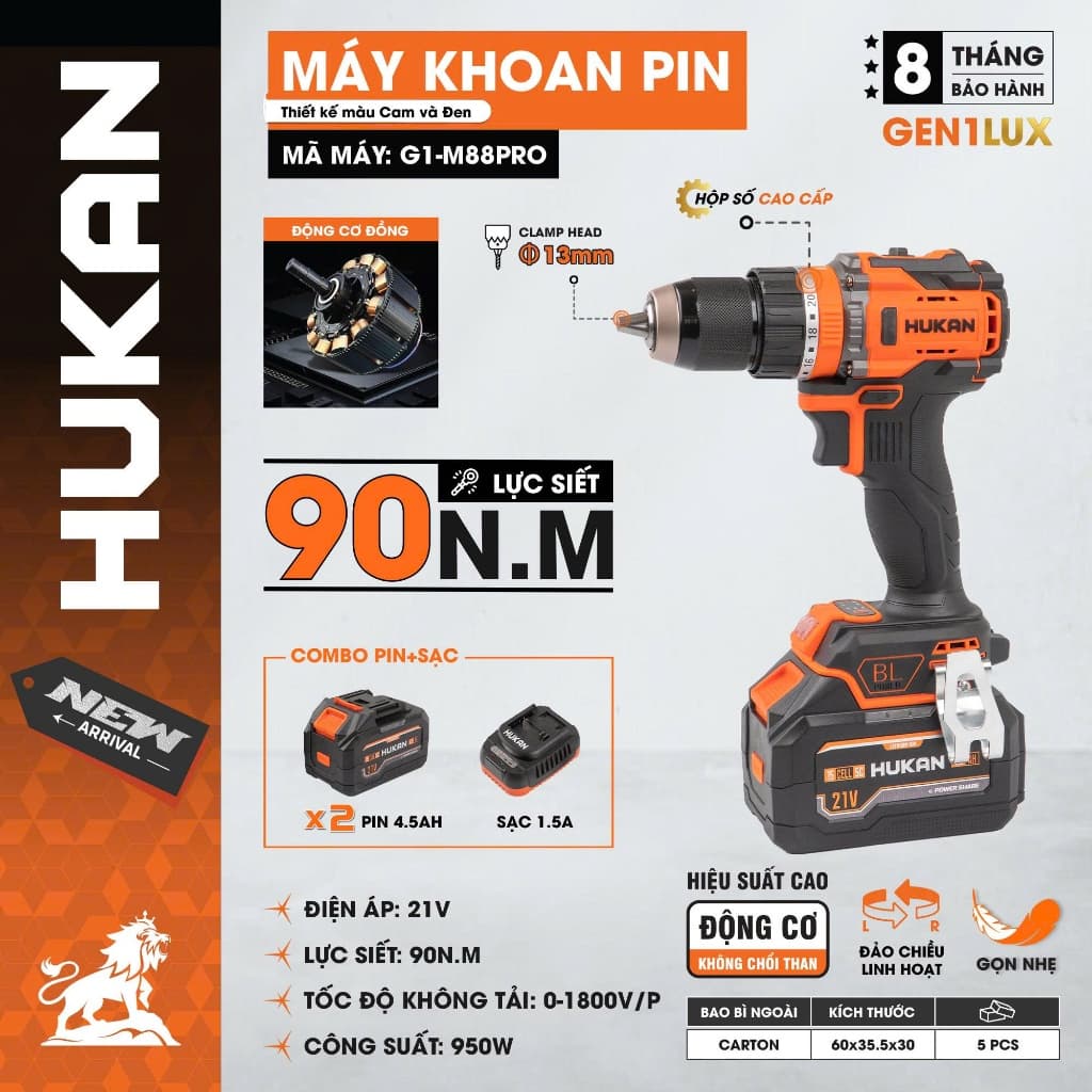 Bộ máy khoan pin đầu 13mm HUKAN G1-M88PRO, Lực siết lớn 90Nm, 3 chức năng có búa - Không chổi than