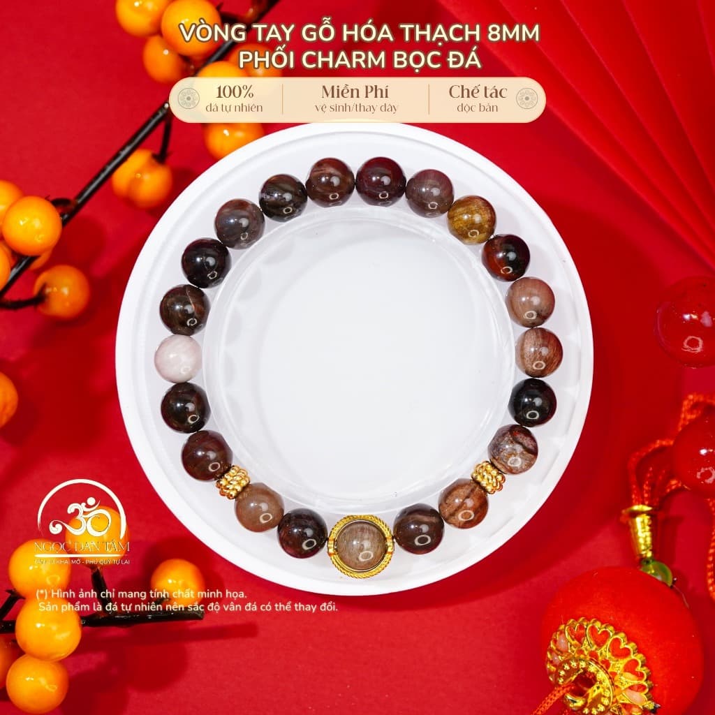 Ngọc Đan Tâm - Vòng Tay Gỗ Hóa Thạch 8mm Phối Charm Bọc Đá - Mệnh Hoả & Mệnh Thổ