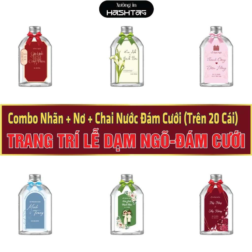 Combo Nhãn dán + Chai Bầu 330ml + nơ .Trang Trí Đám Cưới, Đám Hỏi