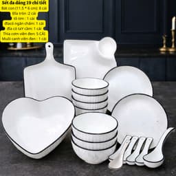 Set Tô Chén Đĩa Sứ Bát Đĩa Đựng Đồ Ăn Tráng Men Cao Cấp Họa Tiết Sọc Trắng Viền Đen 2