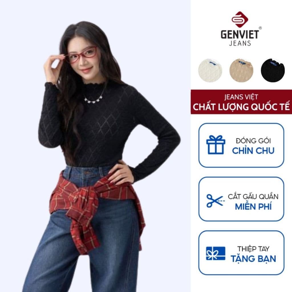[ẨN] Áo Thun Dài Tay Nữ GENVIET JEANS Cao Cổ Chất Liệu Ren Mềm Mại 9078