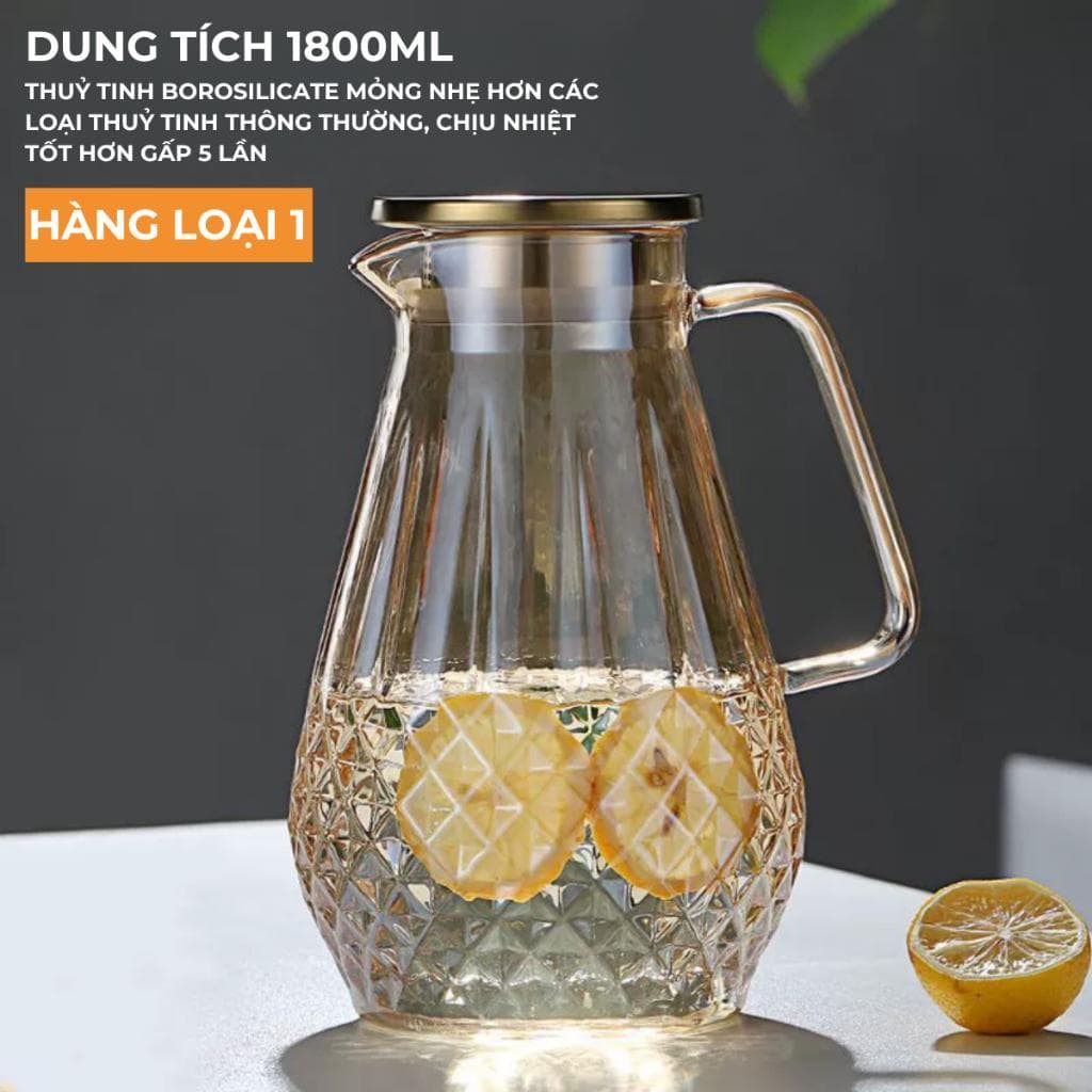 Bình Thủy Tinh Chịu Nhiệt 1800ML Nắp Inox Sang Trọng – Họa Tiết Kim Cương Cao Cấp