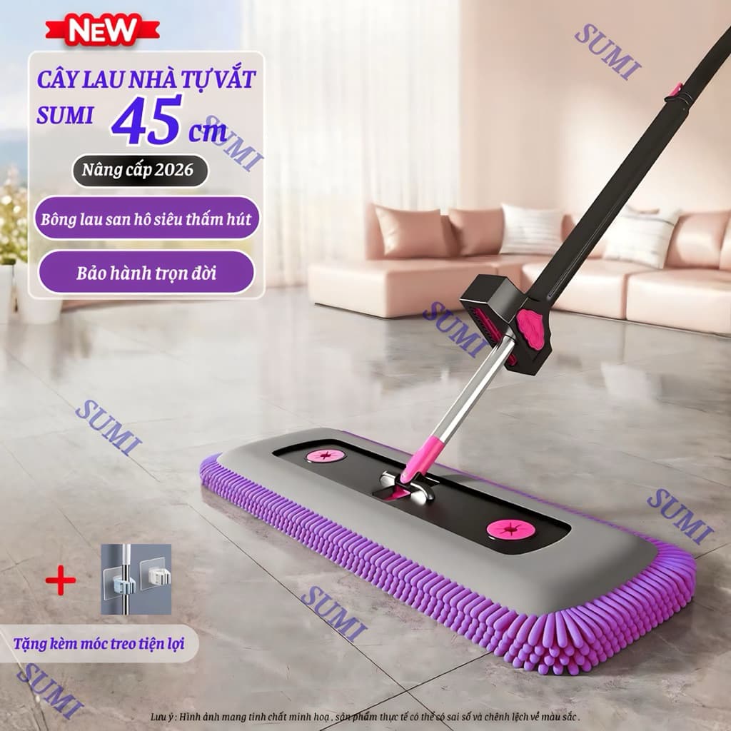 Cây Lau Nhà Tự Vắt SUMI 45cm, Cây Chổi Lau Nhà Bông San Hô Siêu Thấm Hút Thông Minh 360 Độ Tiện Dụng