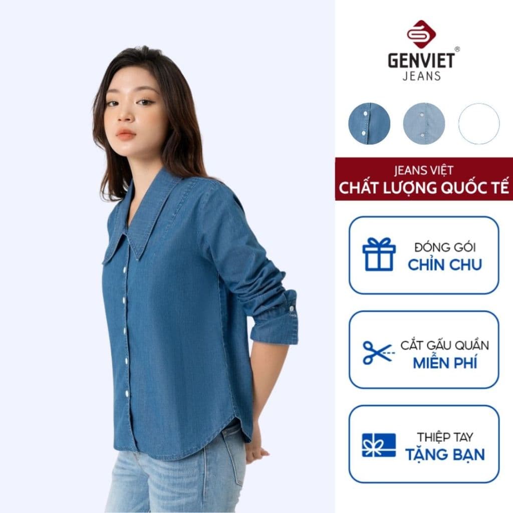 [ẨN] Áo sơ mi Jeans nữ tay dài GENVIET JEANS dáng suông basic phối đồ tôn dáng đi học đi là 8542