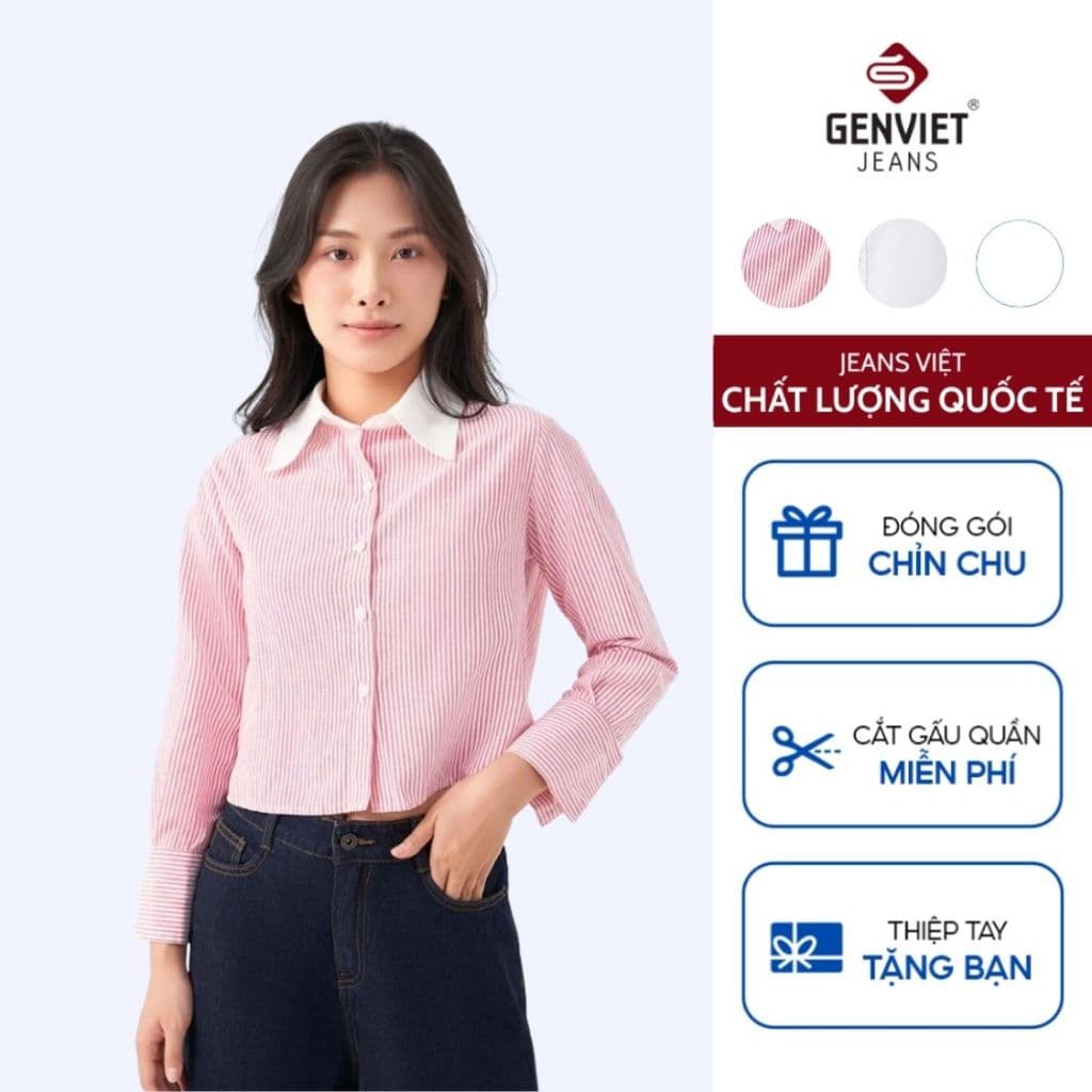 [ẨN] Áo Sơ Mi Dài Tay Nữ GENVIET JEANS Chất Liệu Cotton Dáng Croptop, Áo Crotop Cúc Cài Nữ Trẻ Trung 8748