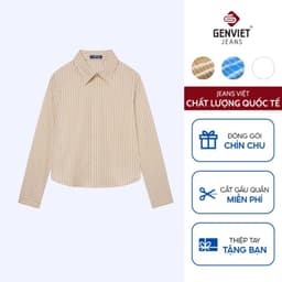 Áo sơ mi dài tay nữ croptop GENVIET JEANS chất linen thoáng mát kẻ sọc basic dễ phối đồ đi học đi làm 8959 1