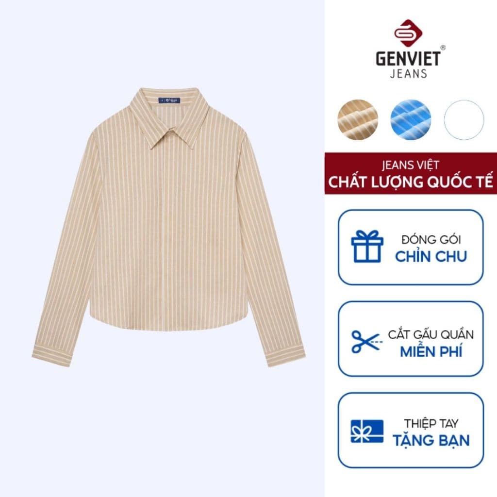 Áo sơ mi dài tay nữ croptop GENVIET JEANS chất linen thoáng mát kẻ sọc basic dễ phối đồ đi học đi làm 8959