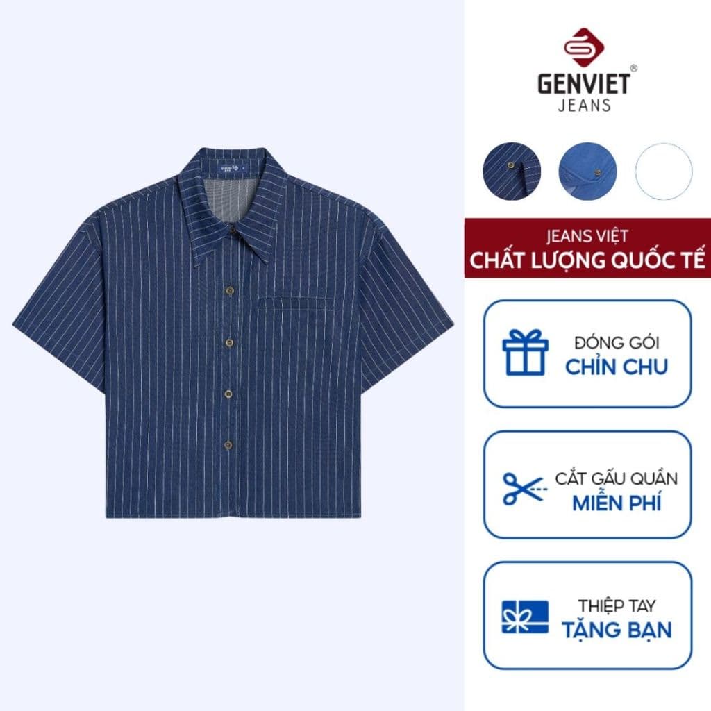 [ẨN] Sơ Mi Cộc Tay Nữ GENVIET JEANS Dáng Ôm Vừa Kẻ Sọc – 100% Cotton Thoáng Mát 9011