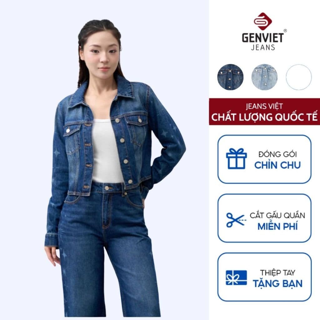 Áo khoác jean croptop nữ GENVIET JEANS 1 lớp in chữ vải denim cao cấp tôn dáng thanh lịch basic 9061