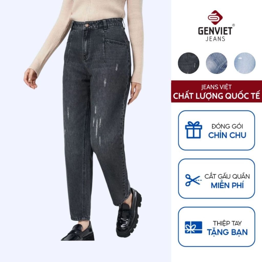 Quần Dài Nữ Genviet vải Jeans Trẻ trung Form Col Thụng, Quần Baggy Nữ Vải Jeans Xước Trẻ Trung, Năng Đô 8410