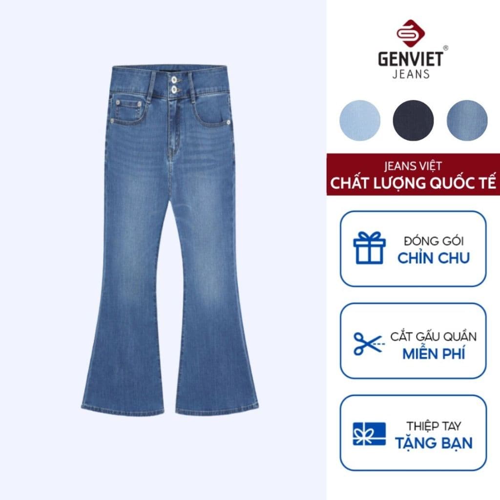 Quần Bò Nữ Ống Loe GENVIET JEANS Vải Denim USA Cao Cấp, Cạp Cao, Dáng Suông Vảy W241.G. 8780