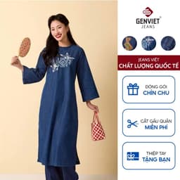 [ẨN] Áo Dài Jeans Nữ GENVIET JEANS Dáng Suông Tay Loe Lửng Thuê Họa Tiết Diện Tết Du Xuân 2025 W241.G. 8826 1