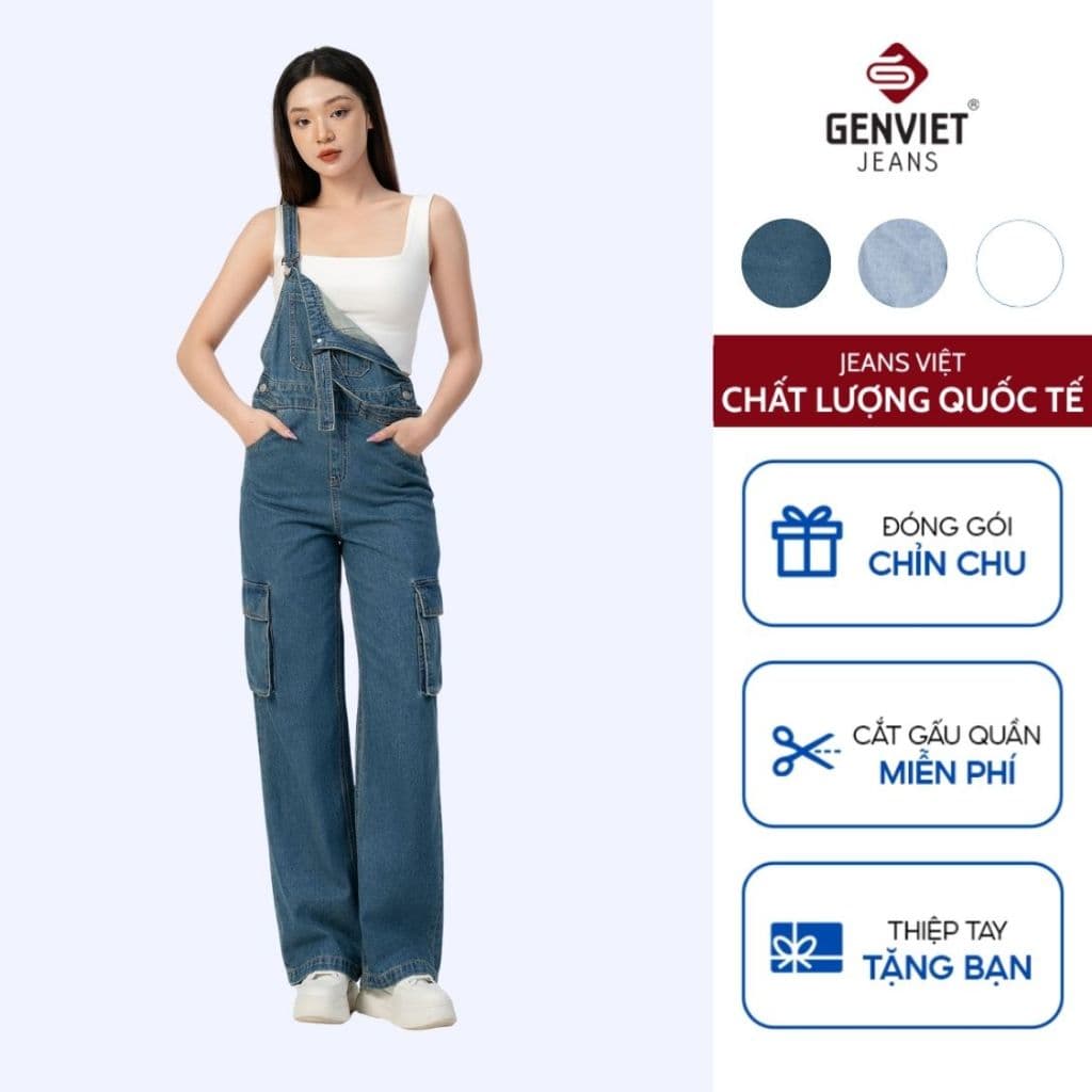 Yếm Quần Nữ GENVIET JEANS Vải Jean Co Giãn Dáng Suông Vừa, Yếm Bò Nữ Thiết Kế Năng Động  8554