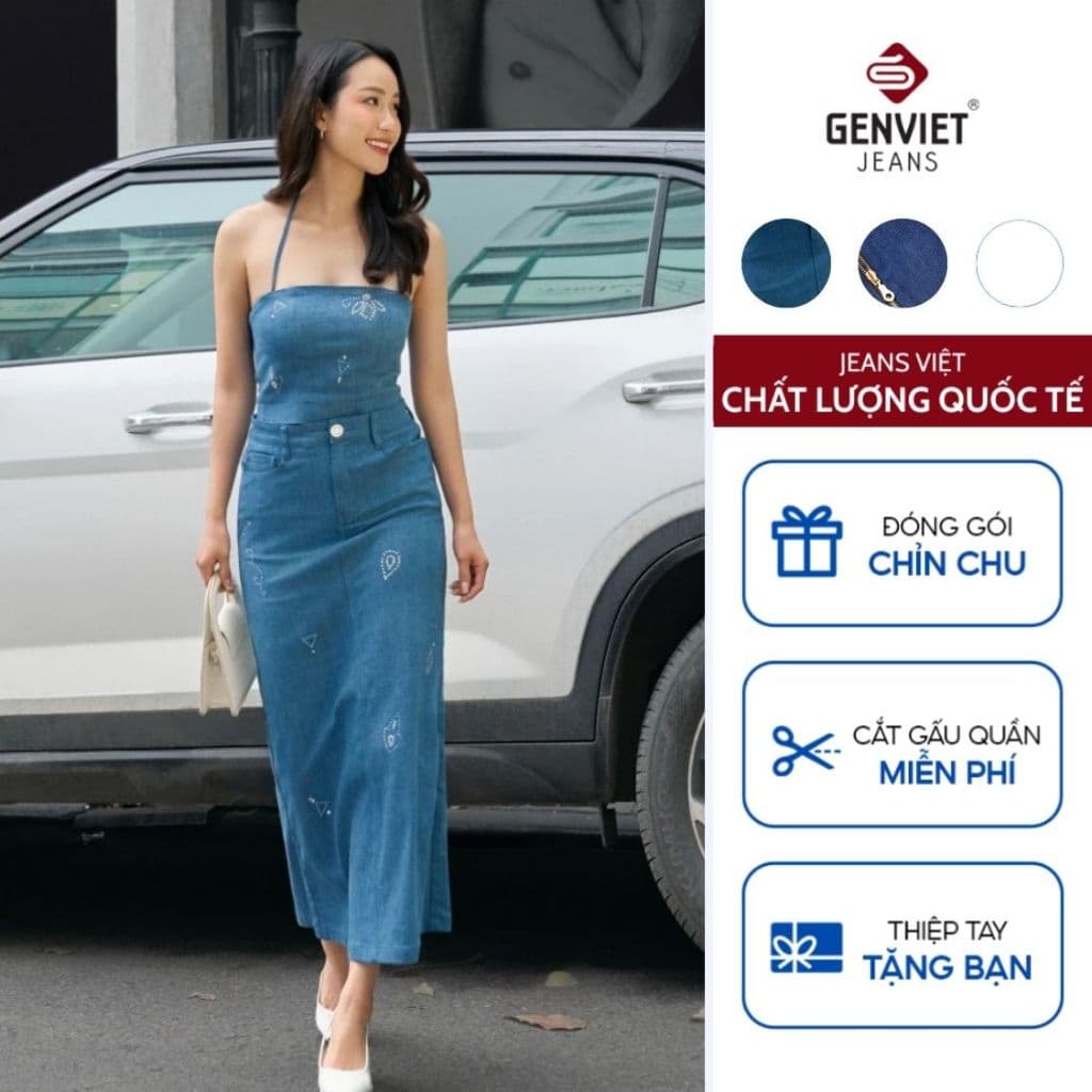 [ẨN] Chân Váy Nữ GENVIET JEANS Thiết Kế Cao Cấp Dáng Suông Họa Tiết Đính Đá Cạp Cao Sang Trọng S251.G. 8971
