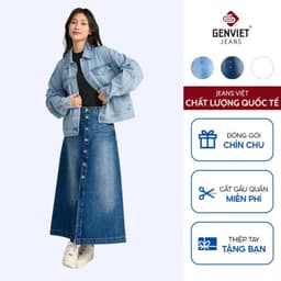 Chân váy dài chữ A GENVIET JEANS denim co giãn tốt xẻ tà trước cúc thời trang basic dễ phối đồ 8829 2