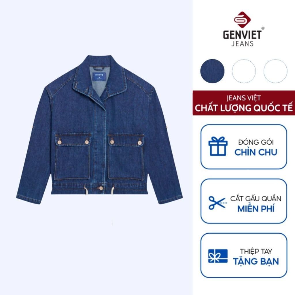 Áo khoác denim nữ GENVIET JEANS túi hộp dải rút eo tôn dáng năng động basic dễ phối đồ 8834