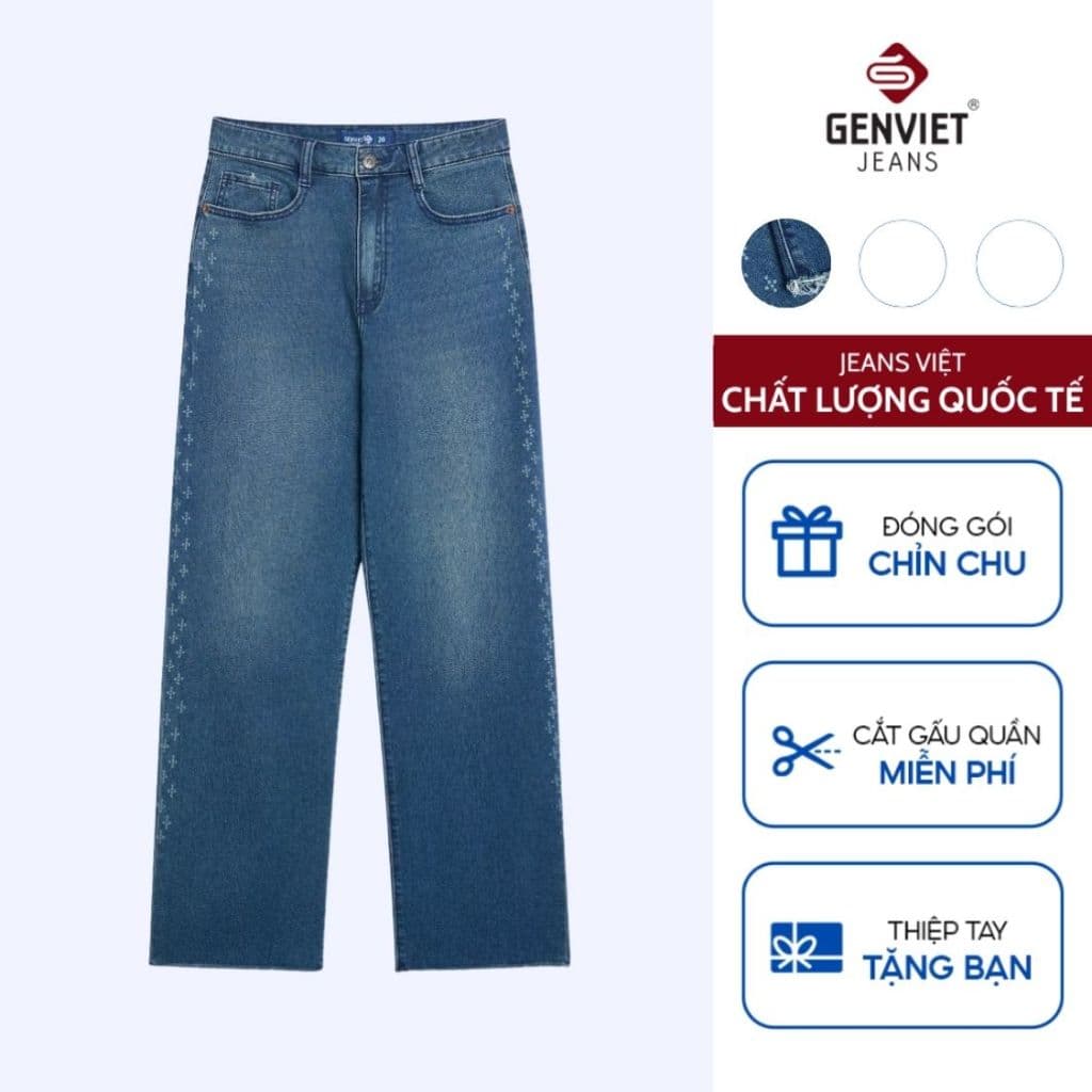 Quần Bò Nữ Ống Suông GENVIET JEANS Hiệu Ứng Laser Xước Dọc Sườn Chất Liệu Cao Cấp 8946