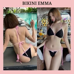 EMMA Bikini 2 Mảnh Hoạ Tiết Chấm Bi Đính Nơ Ruy Băng, Viền Hồng Trắng Sexy 1