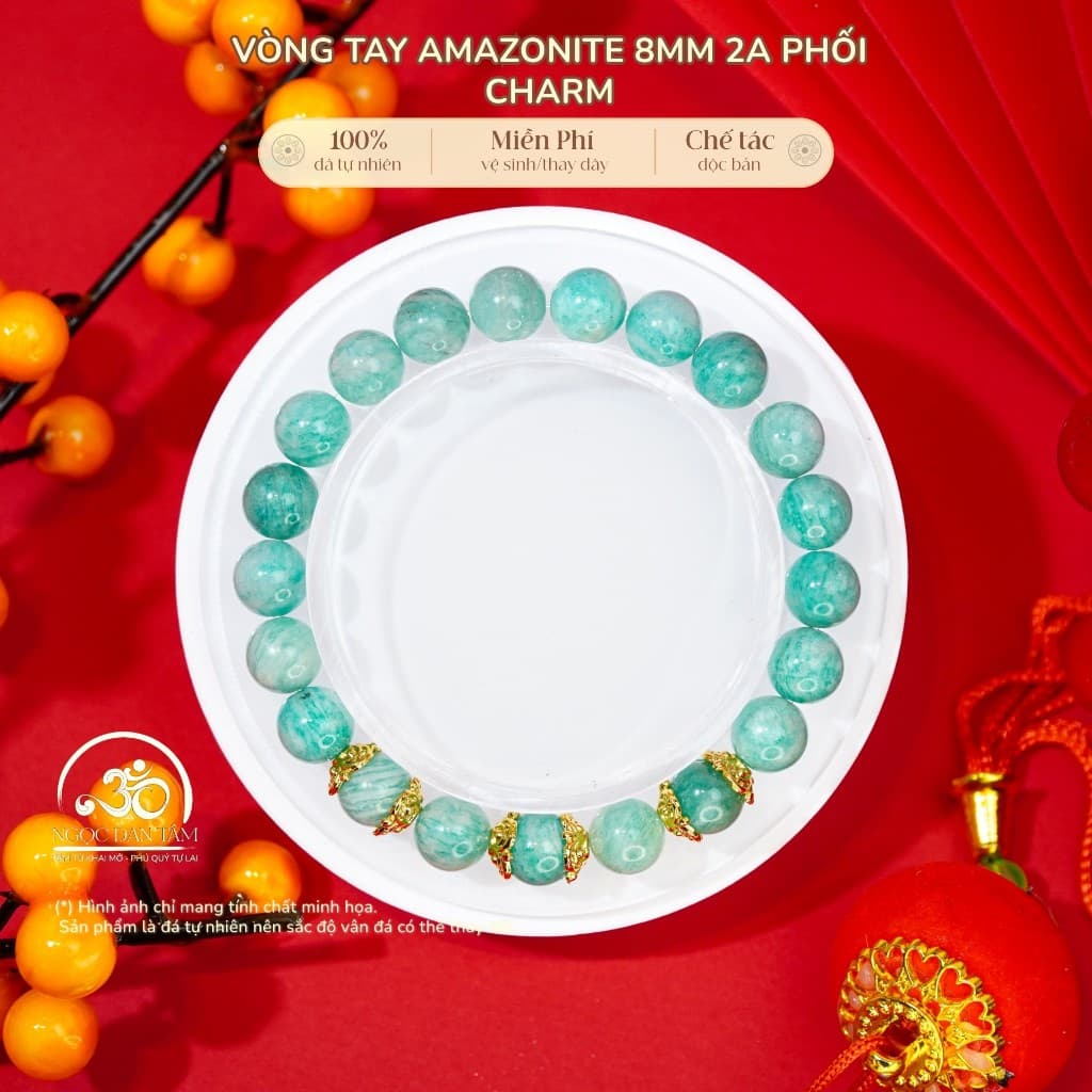 Ngọc Đan Tâm - Vòng Tay AmaZonite 8mm 2A Phối Charm Ốp Hoa - Mệnh Thuỷ & Mệnh Mộc