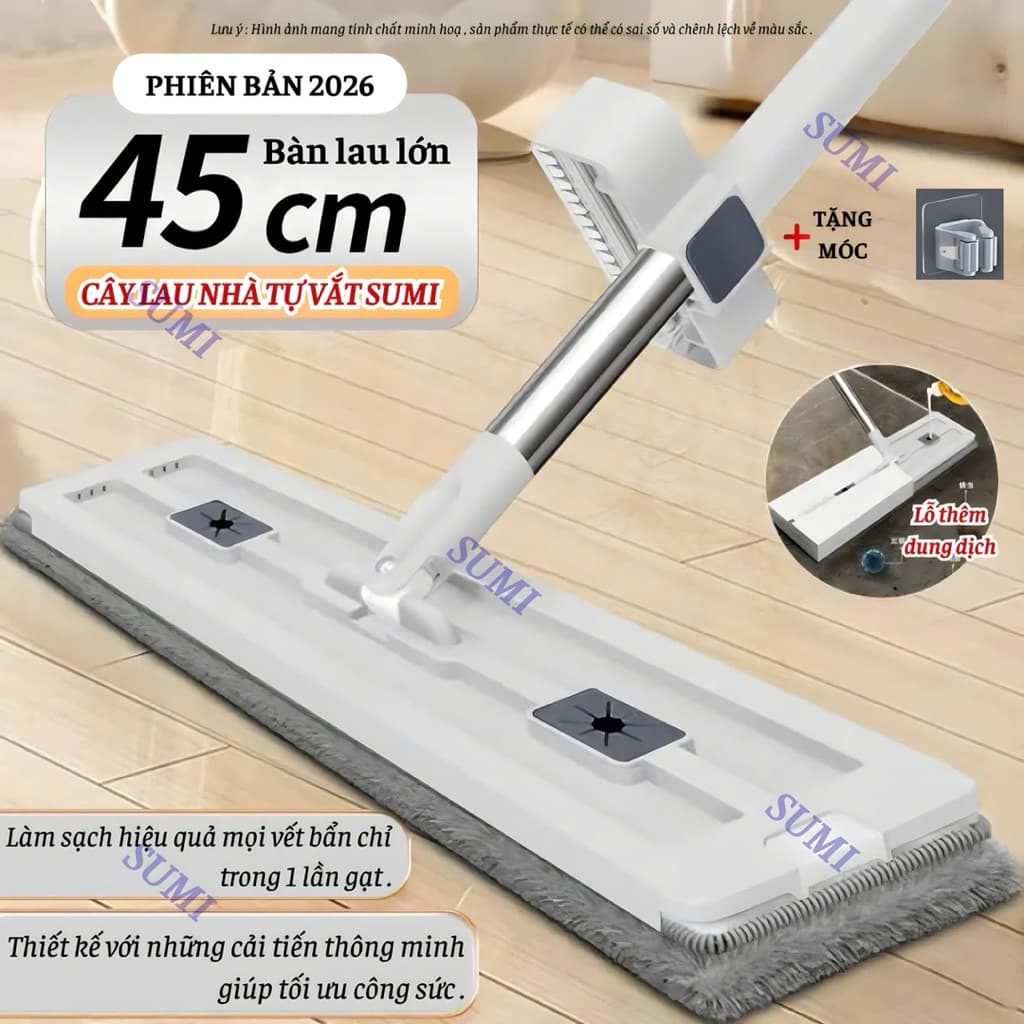 Cây Lau Nhà Tự Vắt 45cm, Cây Chổi Lau Nhà Tư Vắt SUMI Thông Minh Microfiber Siêu Thấm Hút 360 Độ T2
