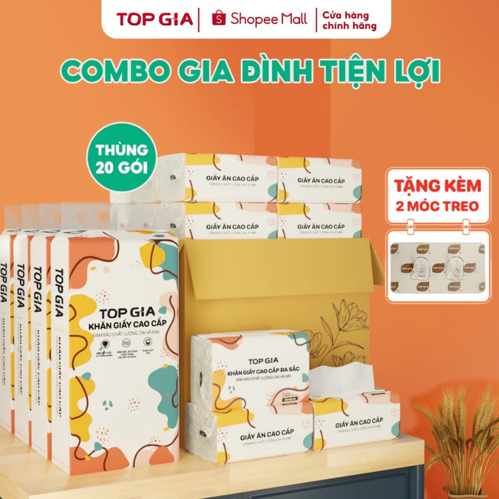 [Combo gia đình tiện lợi] Thùng 20 gói giấy ăn và 4 bịch giấy rút cao cấp TopGia mềm mịn, thấm hút