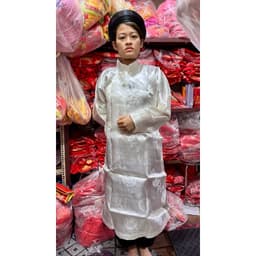 FREESHIP Áo gấm thượng hải màu trắng hàng dệt chữ thọ và hình rồng cao cấp from cực đẹp 5