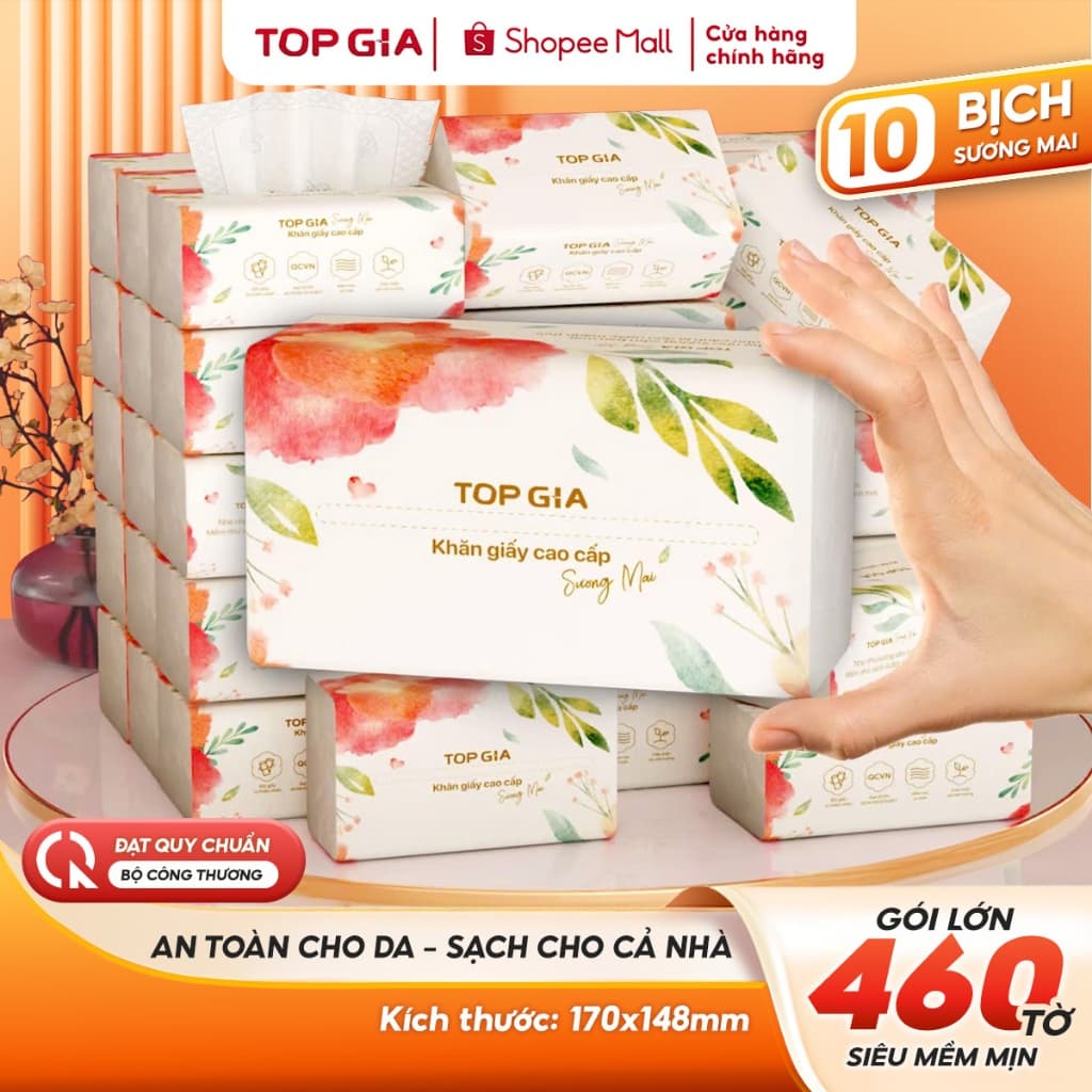 Thùng giấy ăn rút Sương Mai Topgia 460 tờ dập vân 4D, thùng 10/20 bịch - Tạp hoá Gemgem