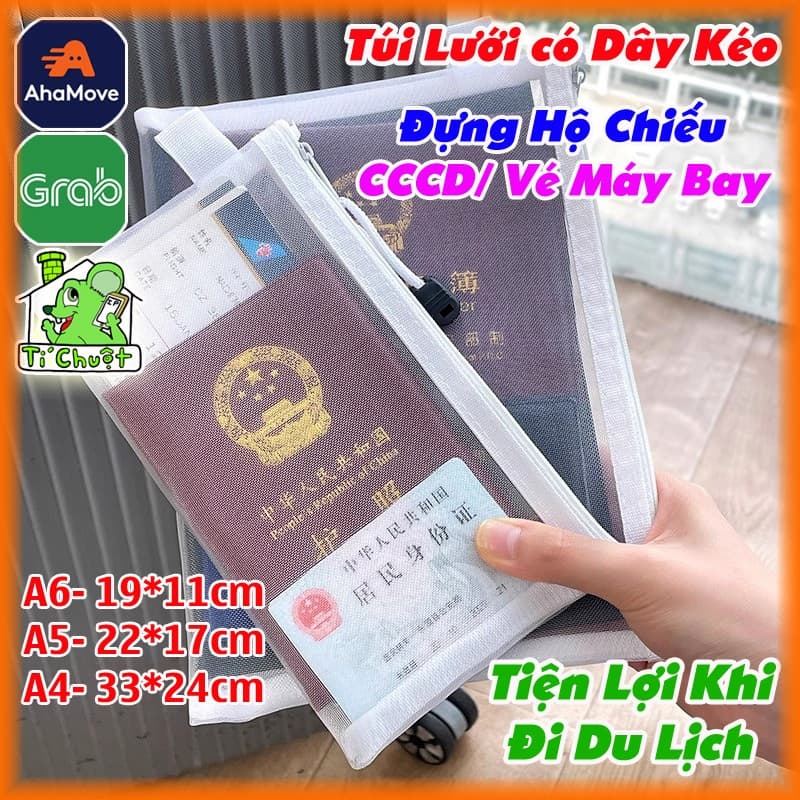 Túi Ví Lưới Có Dây Khóa Kéo Đựng Giấy Tờ CCCD Hộ Chiếu PassPort Vé Máy Bay Nhỏ Gọn Tiện Lợi Cầm 1 Tay Kéo Valy Sân Bay