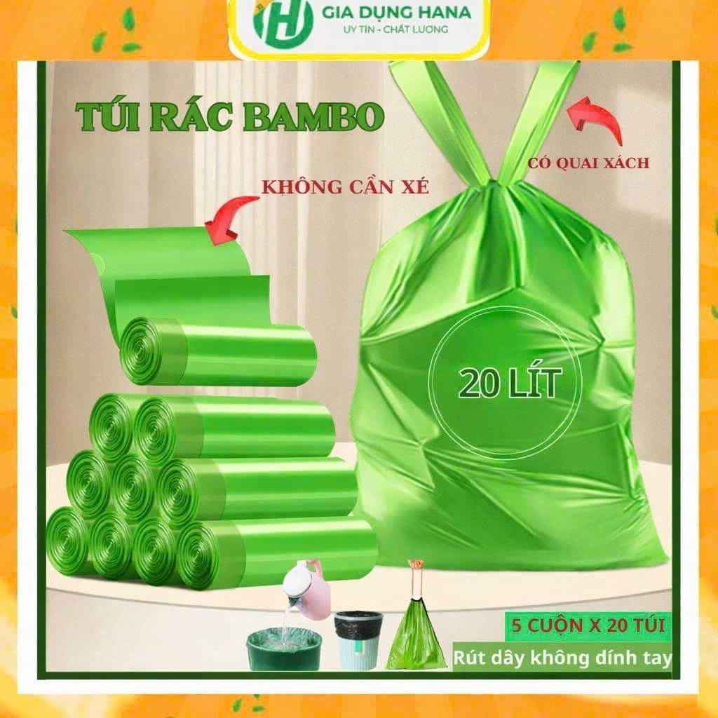 Túi đựnġ rác tự phân hủy BAMBO túi rác có dây dút dung tích 20L kícḣ thước 50x55cm chống rò nước và côn trùnġ
