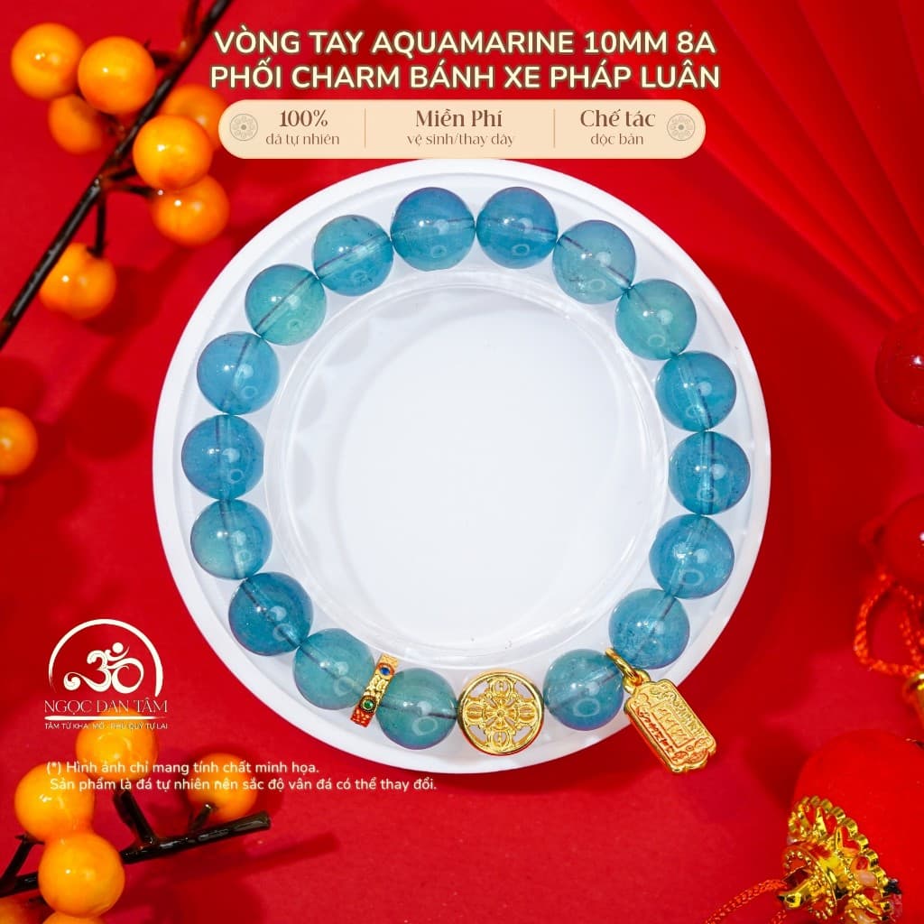 Ngọc Đan Tâm - Vòng Tay Aquamarine 10mm 8A Phối Charm Bánh Xe Pháp Luân - Mệnh Thuỷ & Mệnh Mộc