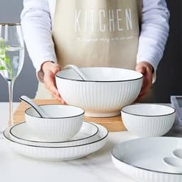 Set Tô Chén Đĩa Sứ Bát Đĩa Đựng Đồ Ăn Tráng Men Cao Cấp Họa Tiết Sọc Trắng Viền Đen 8