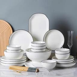 Set Tô Chén Đĩa Sứ Bát Đĩa Đựng Đồ Ăn Tráng Men Cao Cấp Họa Tiết Sọc Trắng Viền Đen 7