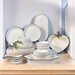 Set Tô Chén Đĩa Sứ Bát Đĩa Đựng Đồ Ăn Tráng Men Cao Cấp Họa Tiết Sọc Trắng Viền Đen 5