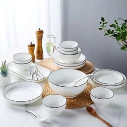 Set Tô Chén Đĩa Sứ Bát Đĩa Đựng Đồ Ăn Tráng Men Cao Cấp Họa Tiết Sọc Trắng Viền Đen 6