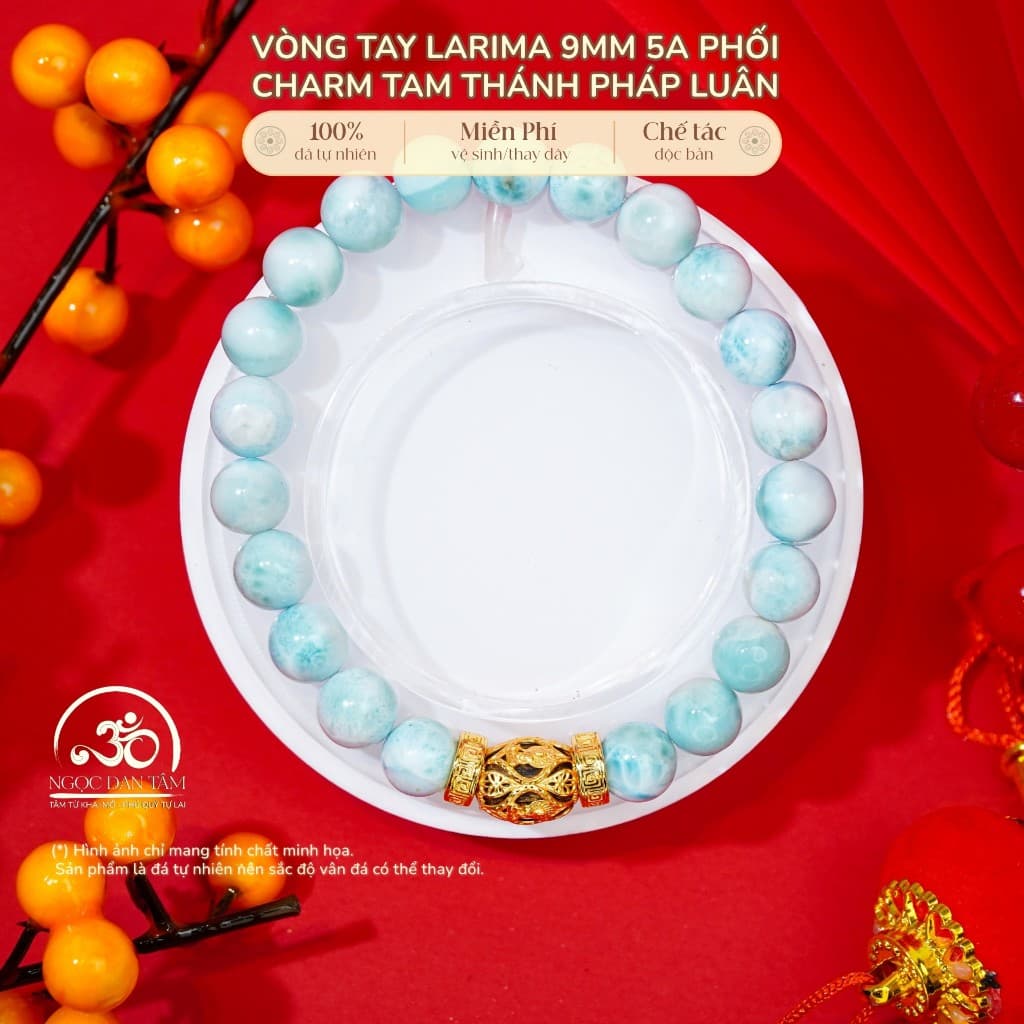 Ngọc Đan Tâm - Vòng Tay Larima 9mm 5A Phối Charm Tam Thánh Pháp Luân - Mệnh Thuỷ & Mệnh Mộc