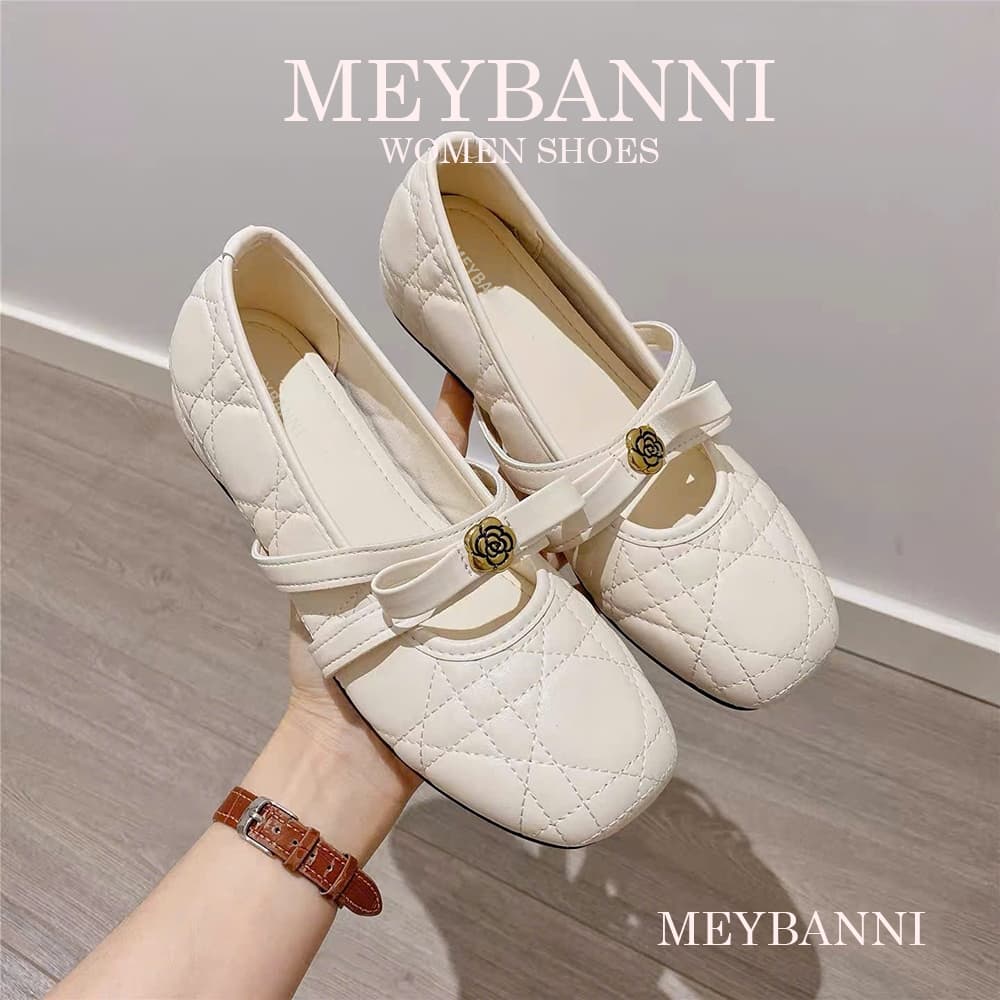 Giày Búp Bê MEYBANNI Đế Bệt Chần Chỉ Phối Quai Đính Hoa Trà Siêu Xinh -  C209