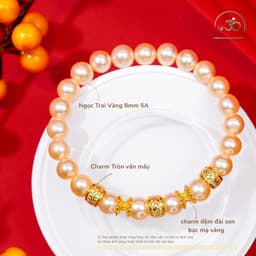 Ngọc Đan Tâm - Vòng Tay Ngọc Trai Vàng 8mm 5A Phối Charm Tròn Vân Mây - Mệnh Kim & Mệnh Thổ 2