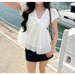 [SALE 10.10 GIẢM 20K] Áo Babydoll Thô Boil Phối Tơ Cổ V Dáng Bí Phồng, Áo Kiểu Nữ Dáng Tiểu Thư 4
