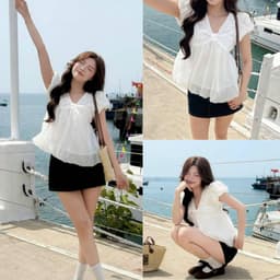 Áo babydoll thô boi phối tơ cổ V dáng bí phồng, áo kiểu phong cách trẻ trung LABEL A108 1