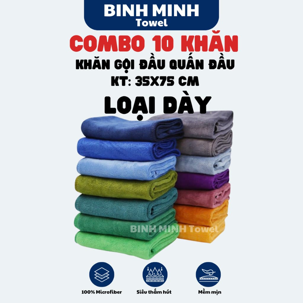 Combo 10 Khăn gội đầu quấn đầu loại Dày BinhMinh Towel 100% microfiber mềm mịn siêu thấm hút dùng trong spa, salon tóc