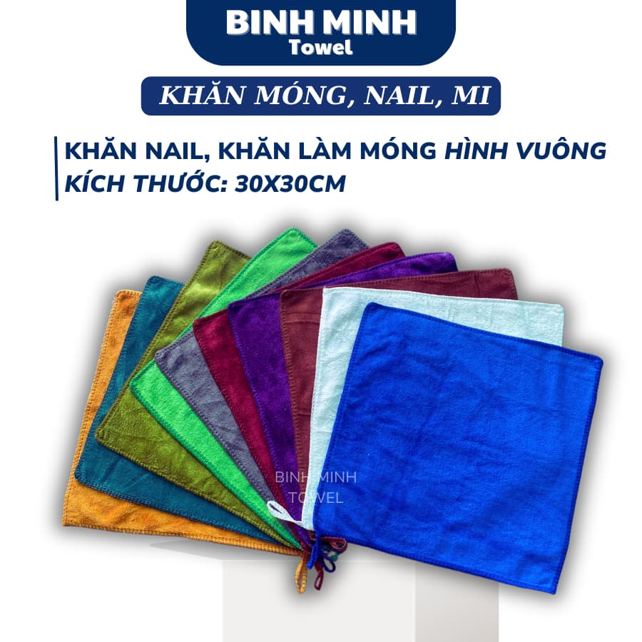 Khăn nail khăn làm móng loại Dày BinhMinh Towel hình vuông 30x30 cm có quai treo 100% microfiber mềm mịn siêu thấm hút