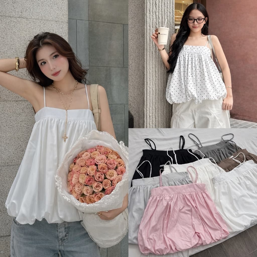 Áo Bí 2 Dây Phồng Có Dây Điều Chỉnh Form Babydoll Rộng Chất Vải Gió Màu Sắc Đa Dạng mùa hè cho nữ m6039