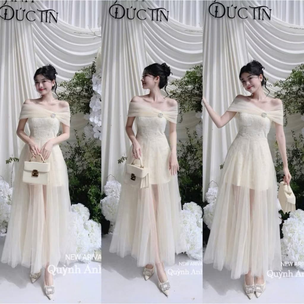 Xukadress_Váy ren lưới cup xoè bẹt vai, váy kem dự tiệc sang chảnh dành cho nữ