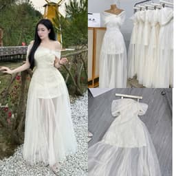 Xukadress_Váy ren lưới cup xoè bẹt vai, váy kem dự tiệc sang chảnh dành cho nữ 2