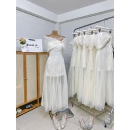 Xukadress_Váy ren lưới cup xoè bẹt vai, váy kem dự tiệc sang chảnh dành cho nữ 8