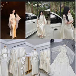 Xukadress_Set đầm lụa cổ yếm kèm khăn voan, đầm lụa dự tiệc màu kem sang chảnh 3