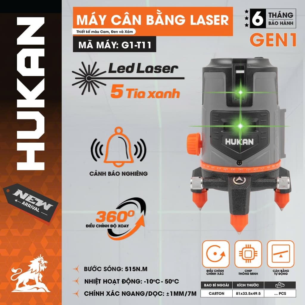 Máy Bắn Cos Cân Bằng Laser HUKAN G1-T11, 5 Tia Xanh LED Siêu Sáng - 2 Pin - Độ Chính Xác Cao