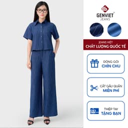 [ẨN] Quần bò nữ GENVIET JEANS chất liệu cotton cao cấp dáng suông rộng cạp chun kẻ sọc 9012 1